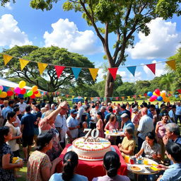 A vibrant and lively celebration scene commemorating 70 years of institutional life