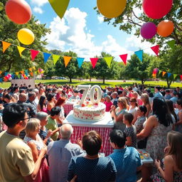 A vibrant and lively celebration scene commemorating 70 years of institutional life