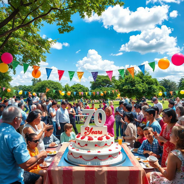 A vibrant and lively celebration scene commemorating 70 years of institutional life