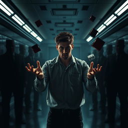 A gripping scene from the psychological thriller 'Controle Absoluto', featuring the protagonist, Steven, in a moment of intense focus as he discovers his telekinetic abilities