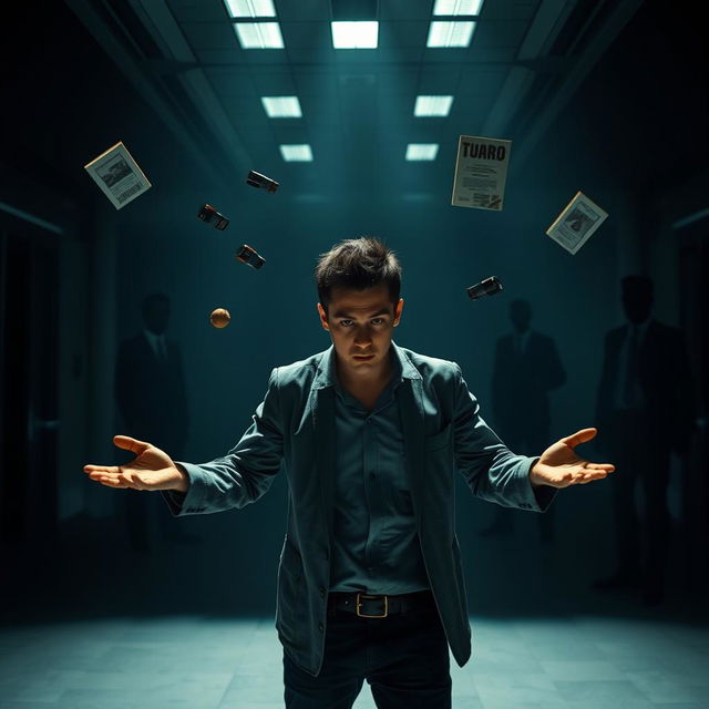 A gripping scene from the psychological thriller 'Controle Absoluto', featuring the protagonist, Steven, in a moment of intense focus as he discovers his telekinetic abilities