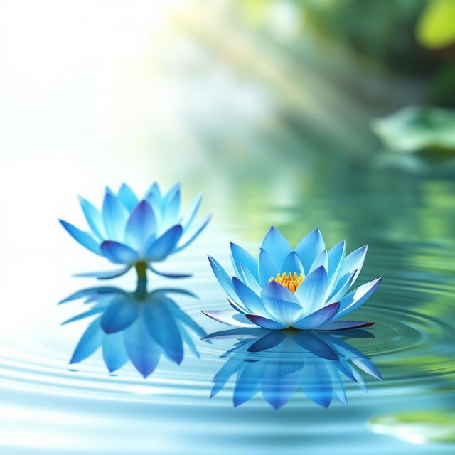 A serene scene featuring a pair of beautiful blue lotuses gracefully floating on calm, clear water