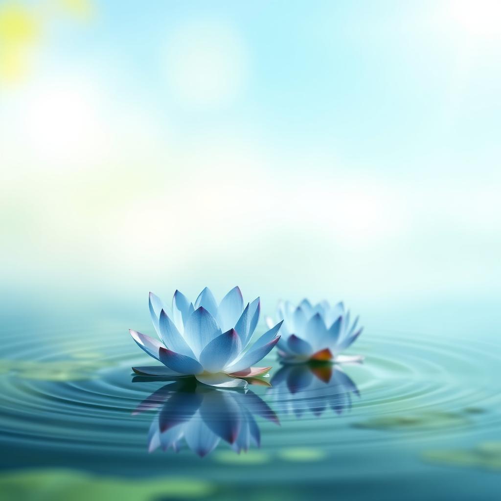 A serene scene featuring a pair of beautiful blue lotuses gracefully floating on calm, clear water