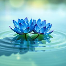 A serene scene featuring a pair of beautiful blue lotuses gracefully floating on calm, clear water