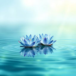 A serene scene featuring a pair of beautiful blue lotuses gracefully floating on calm, clear water