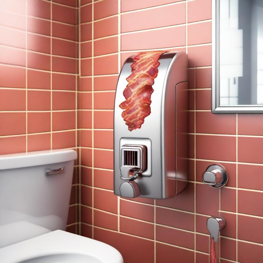 A high-quality, humorous digital art image depicting a unique concept - a bacon dispenser in a bathroom