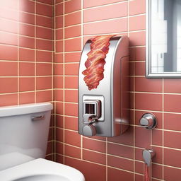 A high-quality, humorous digital art image depicting a unique concept - a bacon dispenser in a bathroom