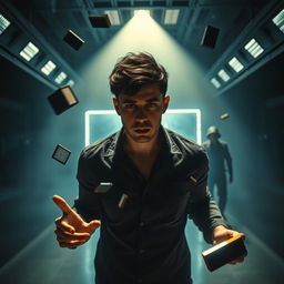 A captivating scene from the psychological thriller 'Controle Absoluto', featuring the protagonist, Steven, a young man in a dark, high-tech room as he activates his telekinetic powers