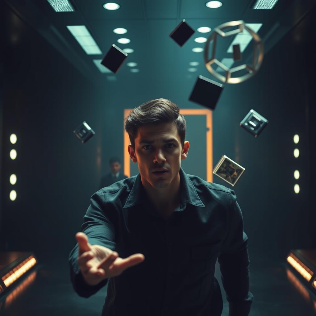 A captivating scene from the psychological thriller 'Controle Absoluto', featuring the protagonist, Steven, a young man in a dark, high-tech room as he activates his telekinetic powers