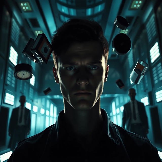 A captivating scene from the psychological thriller 'Controle Absoluto', featuring the protagonist, Steven, a young man in a dark, high-tech room as he activates his telekinetic powers
