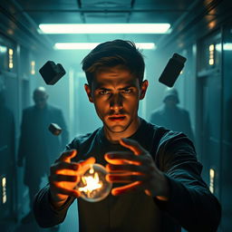 A captivating scene from the psychological thriller 'Controle Absoluto', featuring the protagonist, Steven, a young man in a dark, high-tech room as he activates his telekinetic powers