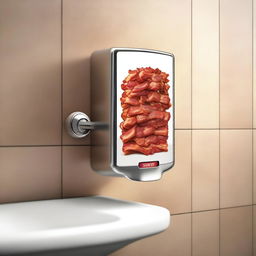 A high-quality, humorous digital art image depicting a unique concept - a bacon dispenser in a bathroom