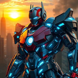 A dramatic scene depicting Iron Man transformed into a colossal Megatron-like robot