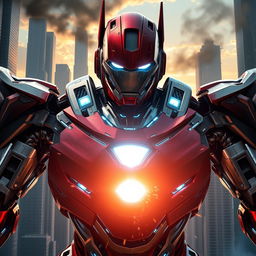 A dramatic scene depicting Iron Man transformed into a colossal Megatron-like robot