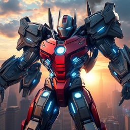 A dramatic scene depicting Iron Man transformed into a colossal Megatron-like robot
