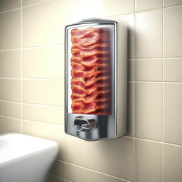 A high-quality, humorous digital art image depicting a unique concept - a bacon dispenser in a bathroom