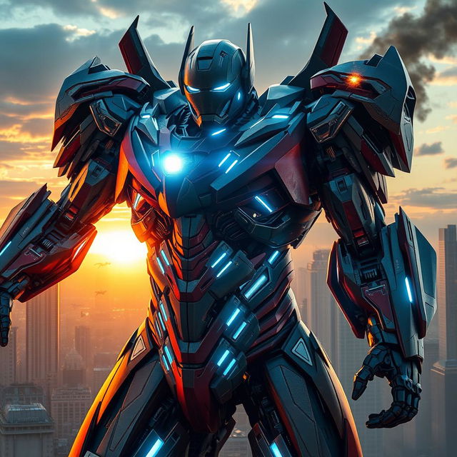 A dramatic scene depicting Iron Man transformed into a colossal Megatron-like robot