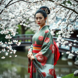 An elegant Asian Japanese woman dressed in a traditional, colorful kimono, intricately patterned with floral designs