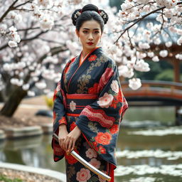 An elegant Asian Japanese woman dressed in a traditional, colorful kimono, intricately patterned with floral designs