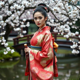 An elegant Asian Japanese woman dressed in a traditional, colorful kimono, intricately patterned with floral designs