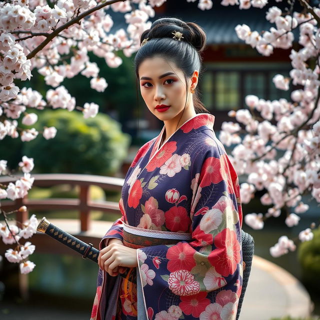 An elegant Asian Japanese woman dressed in a traditional, colorful kimono, intricately patterned with floral designs