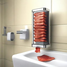 A high-quality, humorous digital art image depicting a unique concept - a bacon dispenser in a bathroom