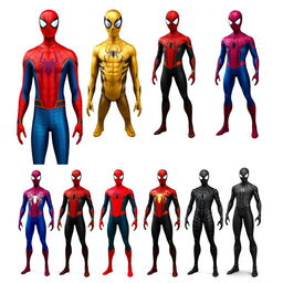 A collection of full Spider-Man suits without any person inside