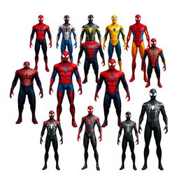 A collection of full Spider-Man suits without any person inside