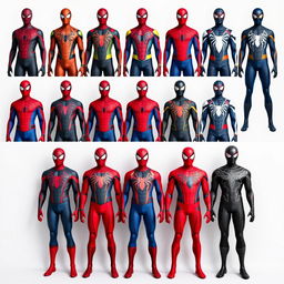 A collection of full Spider-Man suits without any person inside