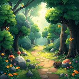 A vibrant 2D forest background suitable for a platformer game, featuring lush green trees with varying shades, thick underbrush, and colorful flowers dotting the landscape