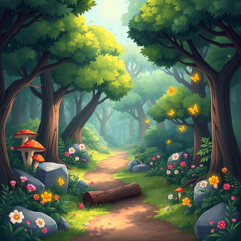 A vibrant 2D forest background suitable for a platformer game, featuring lush green trees with varying shades, thick underbrush, and colorful flowers dotting the landscape