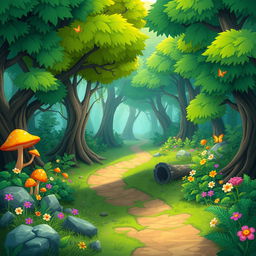 A vibrant 2D forest background suitable for a platformer game, featuring lush green trees with varying shades, thick underbrush, and colorful flowers dotting the landscape