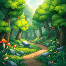 A vibrant 2D forest background suitable for a platformer game, featuring lush green trees with varying shades, thick underbrush, and colorful flowers dotting the landscape