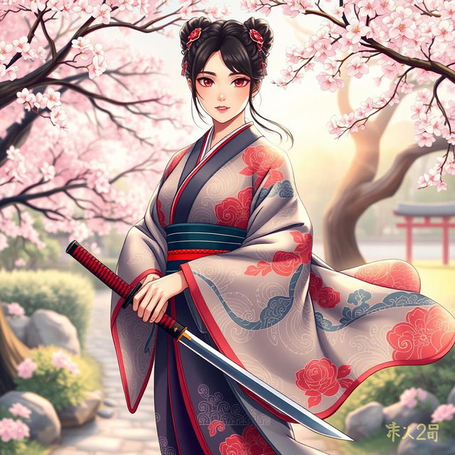 An illustration of an Asian Japanese woman elegantly dressed in a traditional kimono, showcasing intricate patterns and vibrant colors