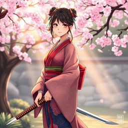 An illustration of an Asian Japanese woman elegantly dressed in a traditional kimono, showcasing intricate patterns and vibrant colors