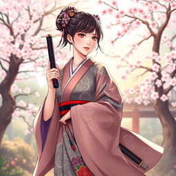 An illustration of an Asian Japanese woman elegantly dressed in a traditional kimono, showcasing intricate patterns and vibrant colors