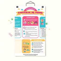 An infographic poster designed for educational purposes, featuring three main topics: Adyenda, Katitikan ng Pulong, and Sanaysay (Personal, Mapanuri, Patalinghaga)