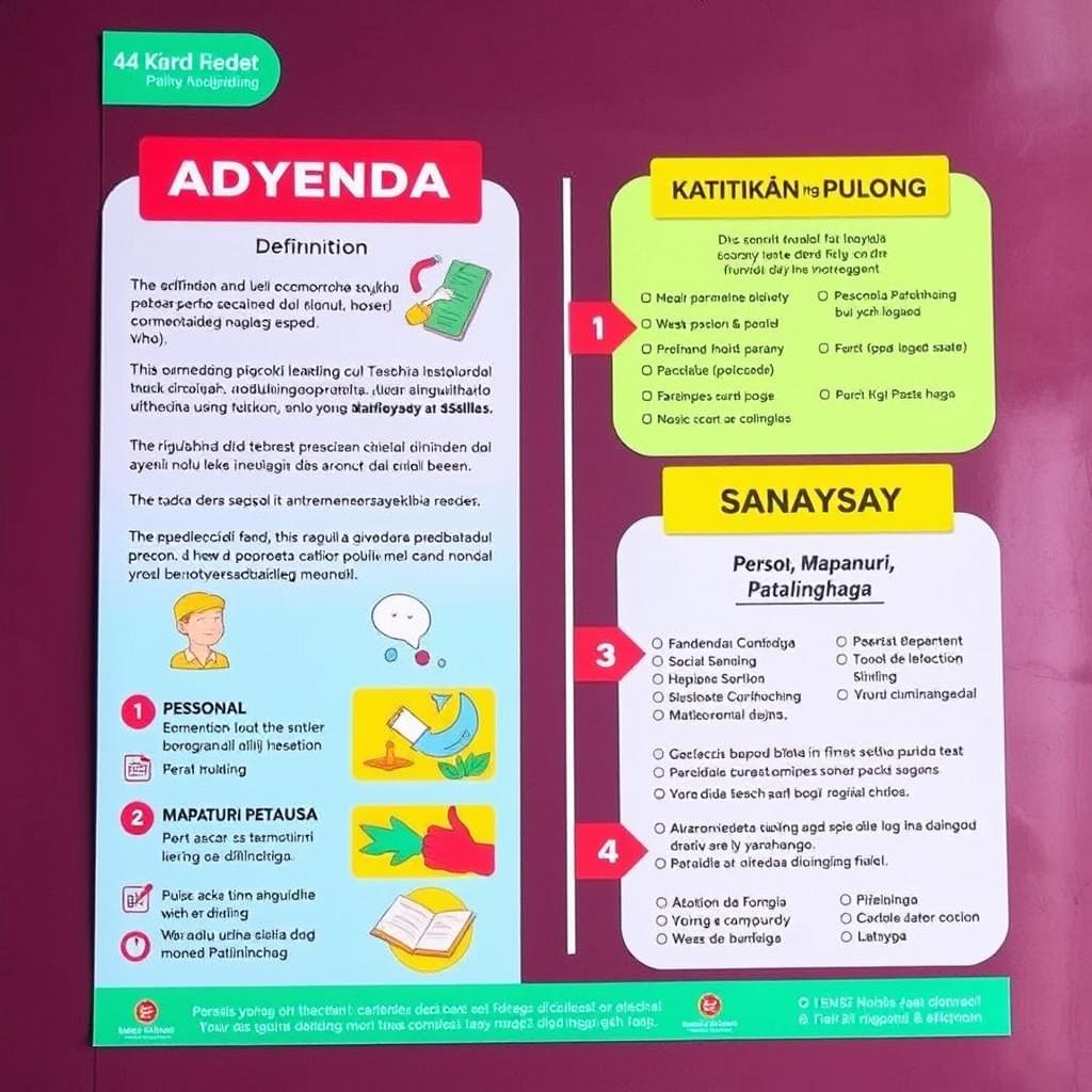 An infographic poster designed for educational purposes, featuring three main topics: Adyenda, Katitikan ng Pulong, and Sanaysay (Personal, Mapanuri, Patalinghaga)