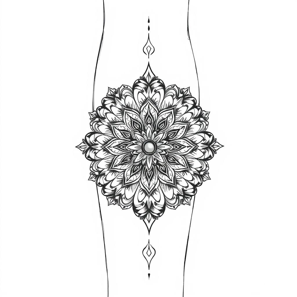 A clear and detailed drawing of an intricate tattoo design featuring an ornate mandala pattern with floral elements and geometric shapes, beautifully shaded to give depth and elegance