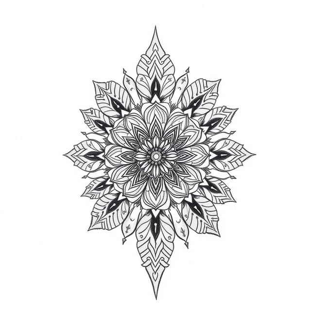 A clear and detailed drawing of an intricate tattoo design featuring an ornate mandala pattern with floral elements and geometric shapes, beautifully shaded to give depth and elegance