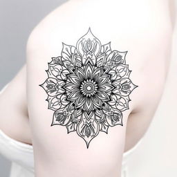 A clear and detailed drawing of an intricate tattoo design featuring an ornate mandala pattern with floral elements and geometric shapes, beautifully shaded to give depth and elegance