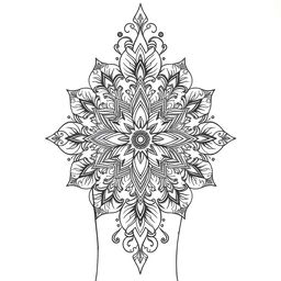 A clear and detailed drawing of an intricate tattoo design featuring an ornate mandala pattern with floral elements and geometric shapes, beautifully shaded to give depth and elegance