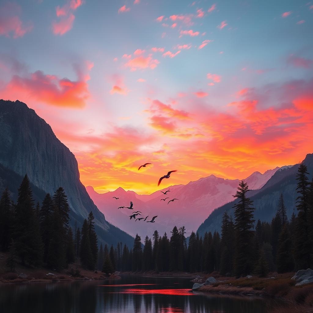 A majestic mountain landscape during sunrise, with vibrant orange and pink hues lighting up the sky