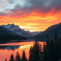 A majestic mountain landscape during sunrise, with vibrant orange and pink hues lighting up the sky