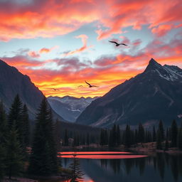 A majestic mountain landscape during sunrise, with vibrant orange and pink hues lighting up the sky