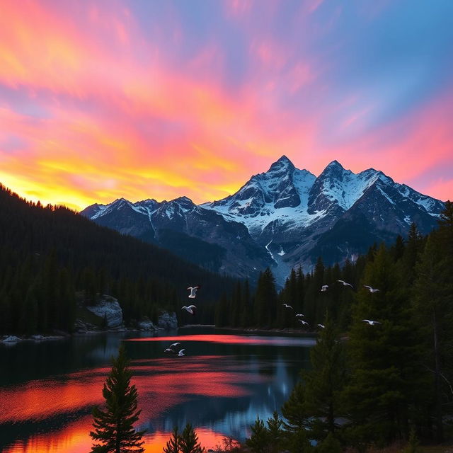 A majestic mountain landscape during sunrise, with vibrant orange and pink hues lighting up the sky