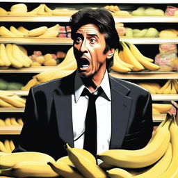 An engaging, high-quality digital art image showcasing a scene with Al Pacino, known for his intense acting style, in a supermarket setting