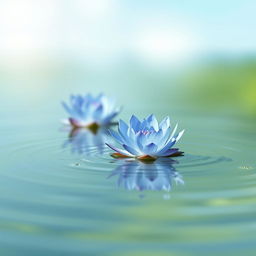 A serene scene featuring a pair of beautiful blue lotuses gracefully floating on calm, clear water