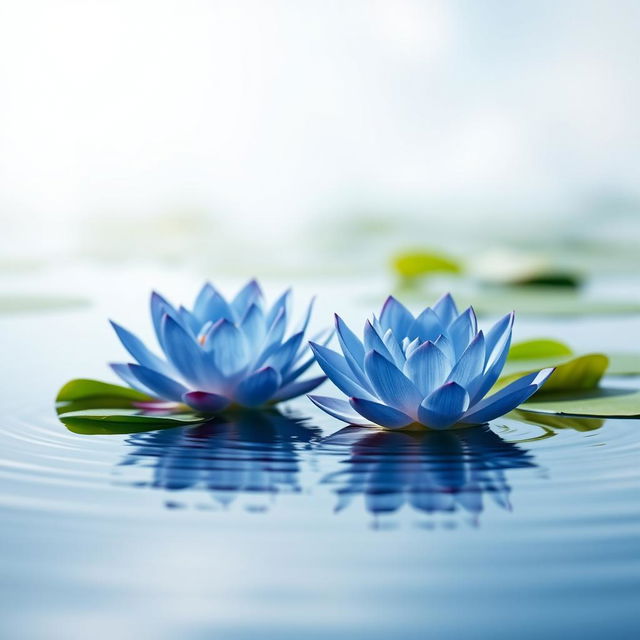 A serene scene featuring a pair of beautiful blue lotuses gracefully floating on calm, clear water