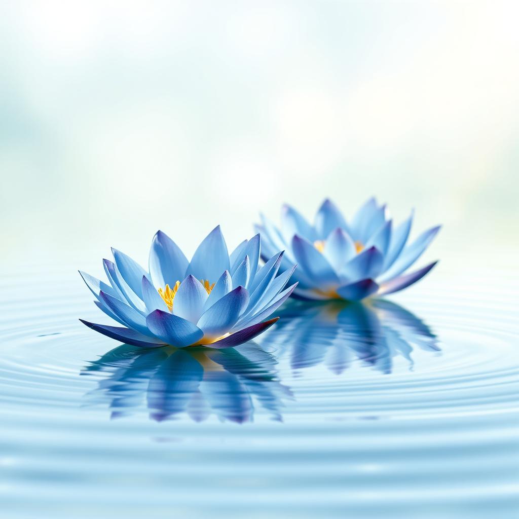 A serene scene featuring a pair of beautiful blue lotuses gracefully floating on calm, clear water